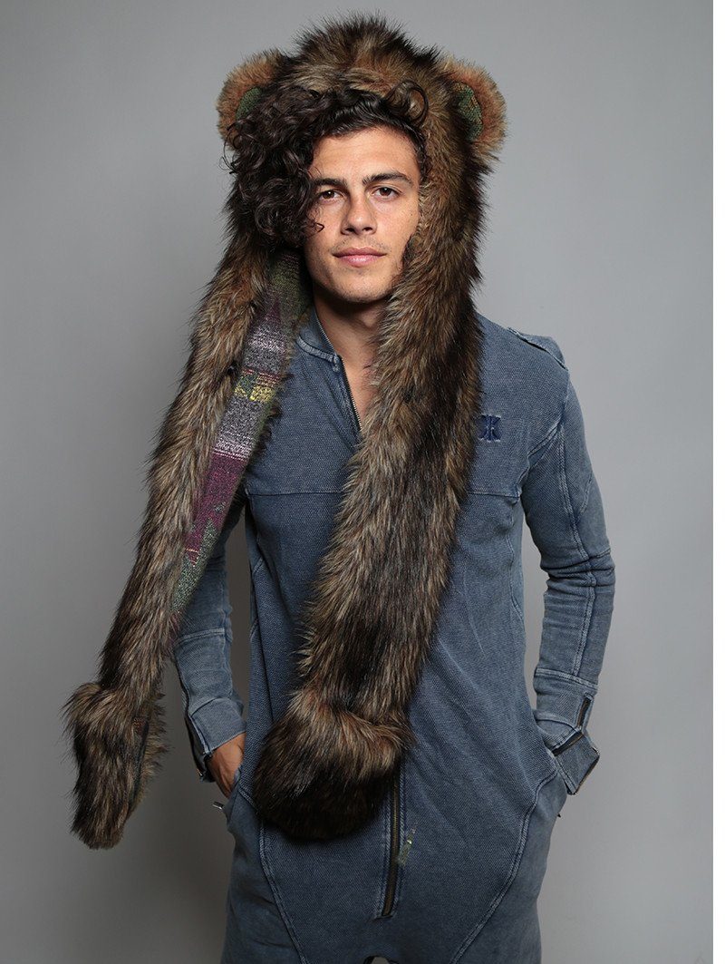 Man wearing faux fur Grizzly Bear Italy SpiritHood, front view 3
