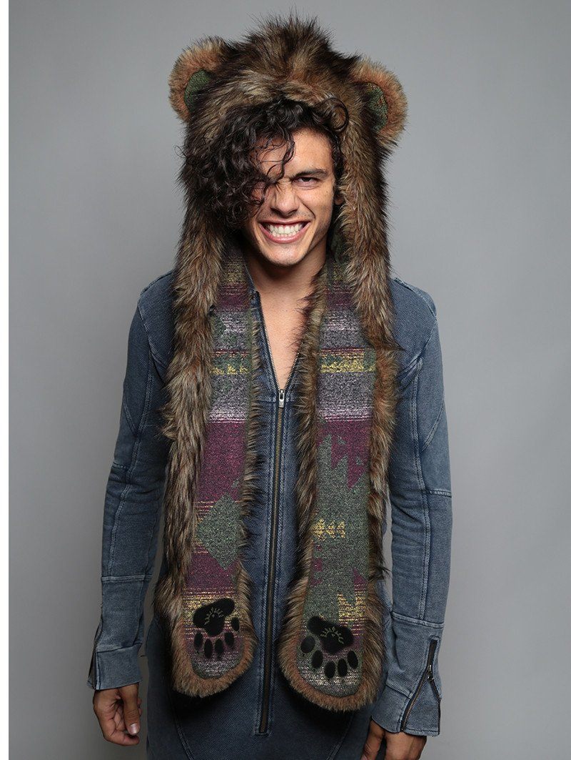 Man wearing faux fur Grizzly Bear Italy SpiritHood, front view 2
