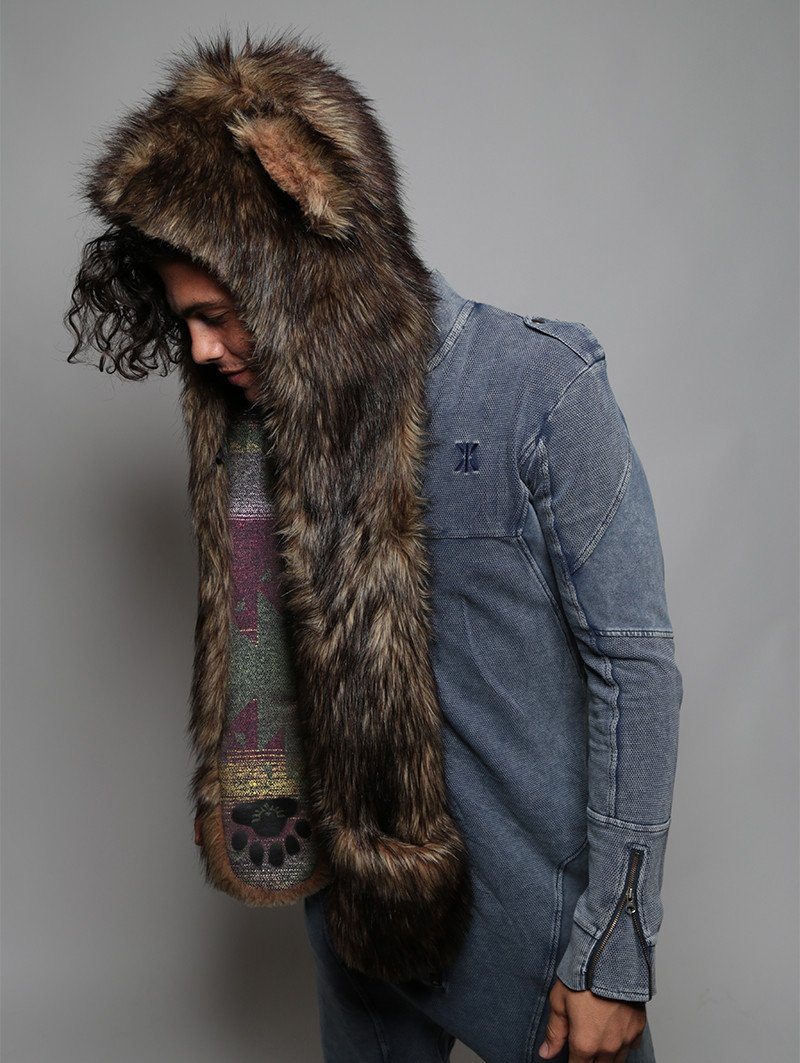 Man wearing faux fur Grizzly Bear Italy SpiritHood, side view