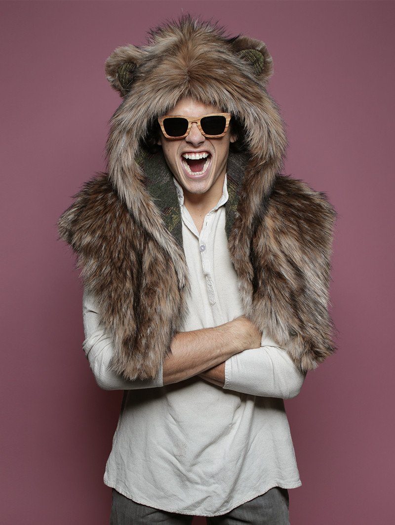 Man wearing Grizzly Italy Faux Fur SpiritHood Shawl