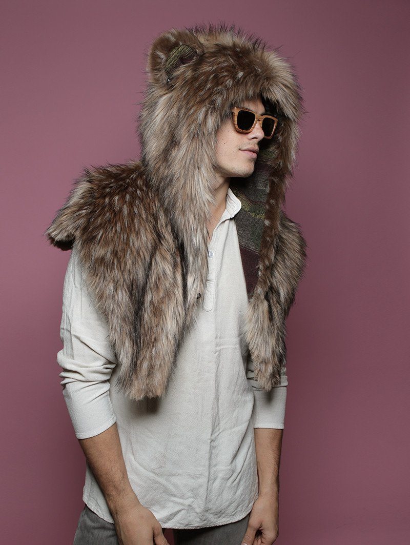 Man wearing Grizzly Italy Faux Fur SpiritHood Shawl, side view 1