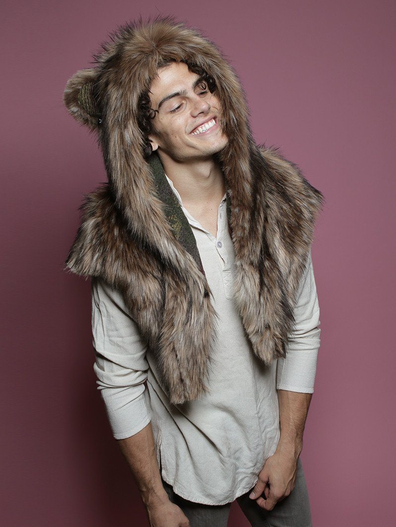 Man wearing Grizzly Italy Faux Fur SpiritHood Shawl, side view