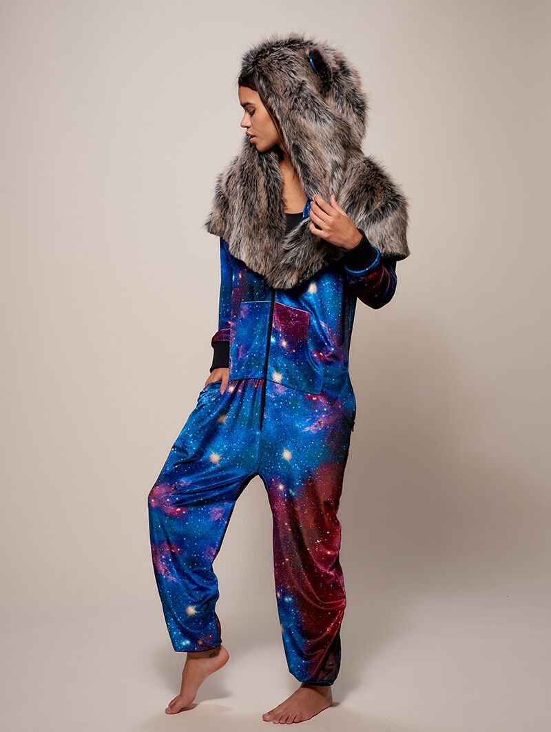 Hooded Faux Fur Onesie with Grey Wolf Galaxy Design