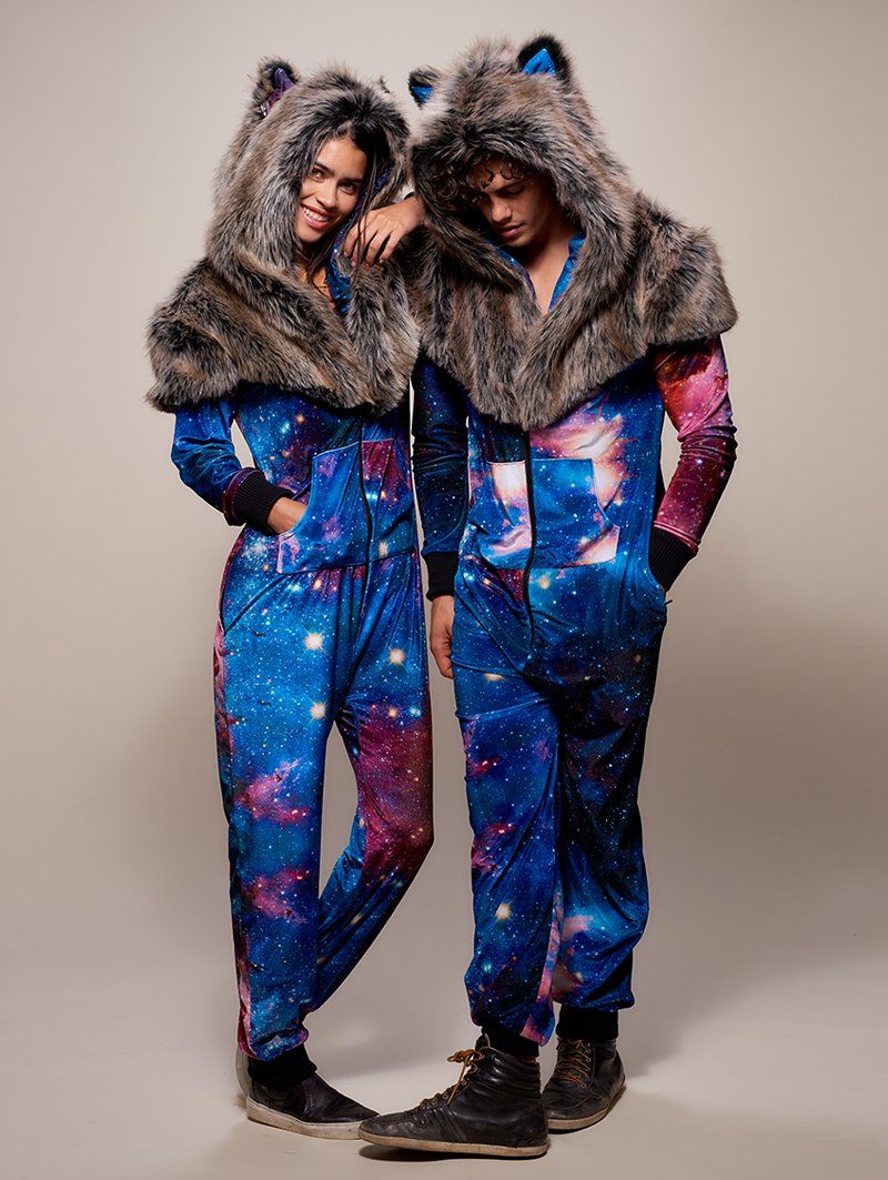 Male and Female Models Wearing Grey Wolf Galaxy Onesie SpiritHood 