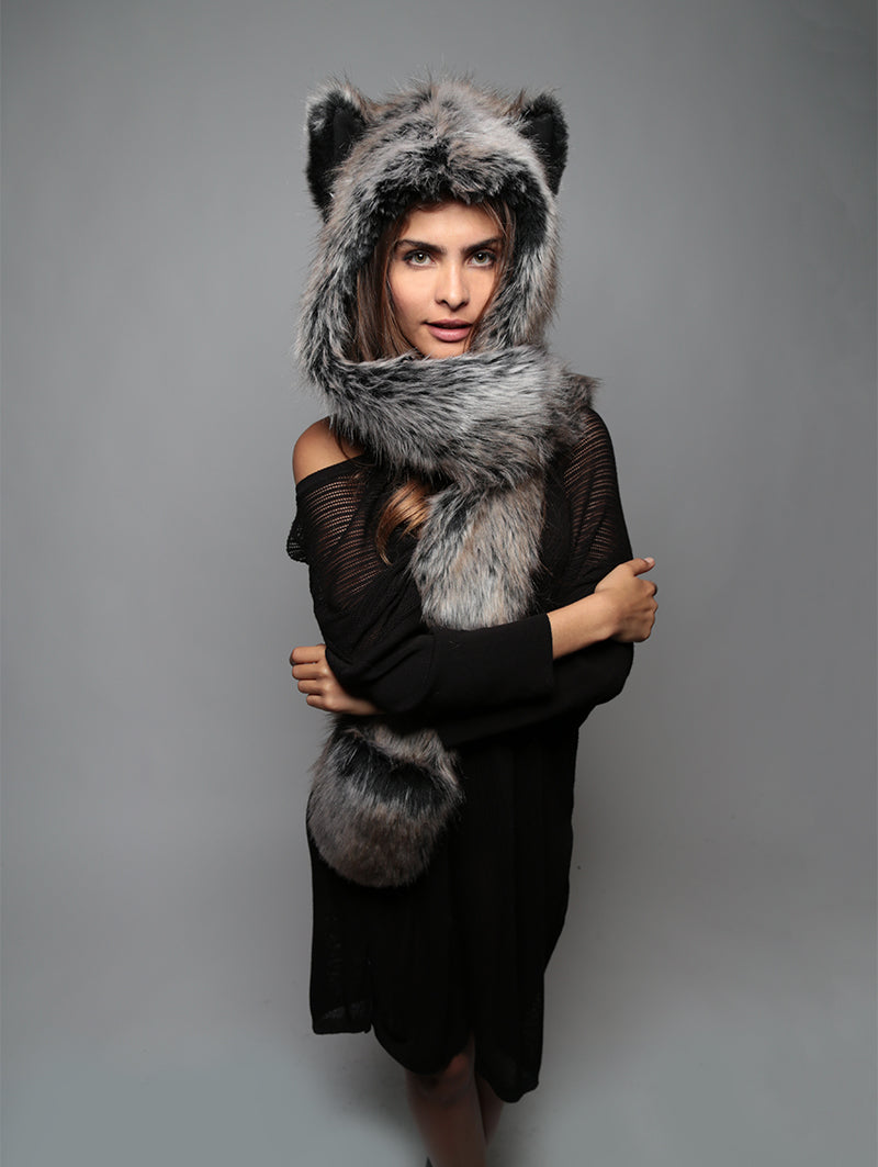 Grey Wolf Faux Fur with Hood Wrapped on Woman Like Shawl