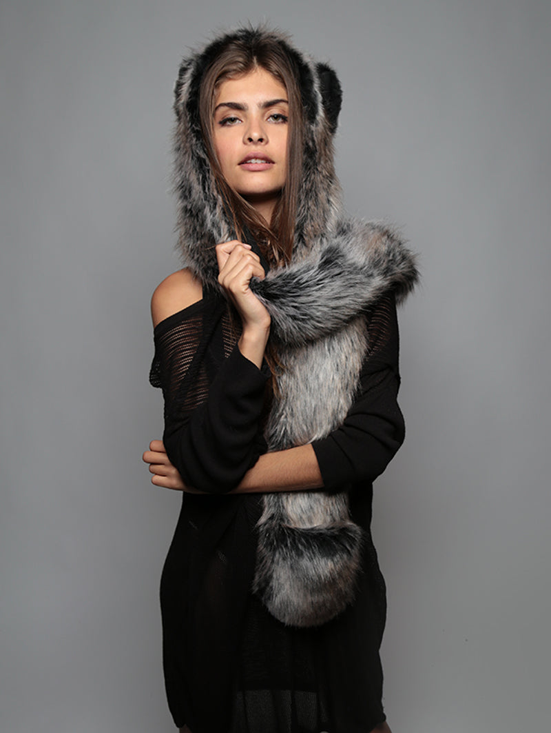 Woman Wearing Grey Wolf Hooded Faux Fur Like a Shawl