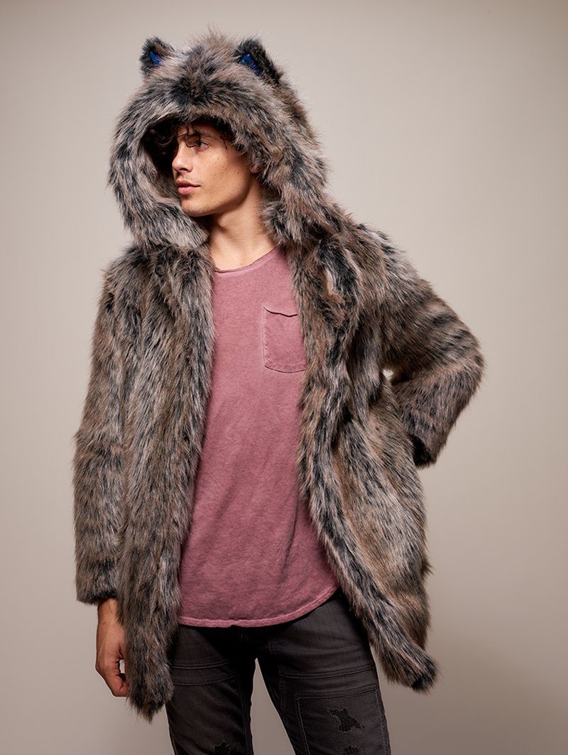 Man wearing Limited Edition Grey Wolf Faux Fur Coat, front view