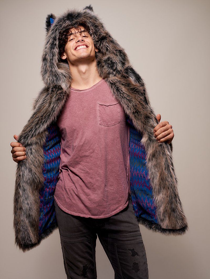 Man wearing Limited Edition Grey Wolf Faux Fur Coat