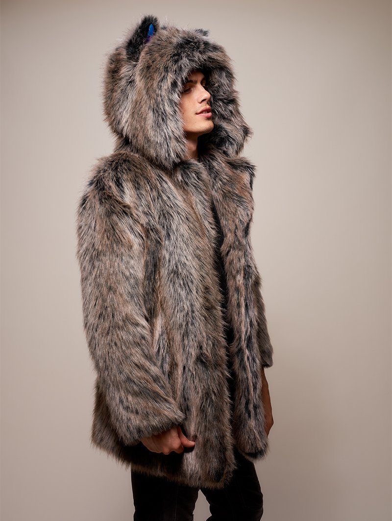 Man wearing Limited Edition Grey Wolf Faux Fur Coat, side view