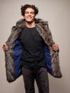Man wearing Limited Edition Grey Wolf Faux Fur Coat, front view 1