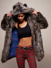 Limited Edition Grey Wolf Faux Fur Coat with Hood on Female