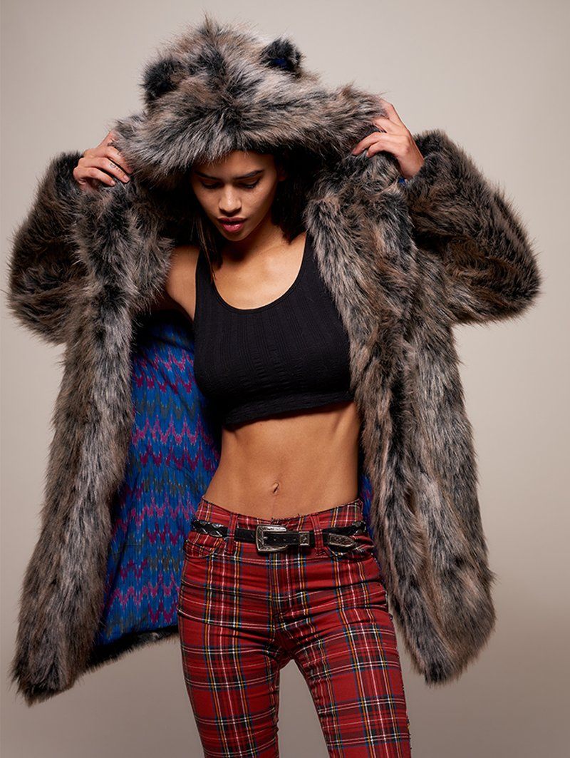 Limited Edition Grey Wolf Faux Fur Coat with Hood on Female