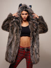 Hooded Faux Fur Coat with LE Grey Wolf Design