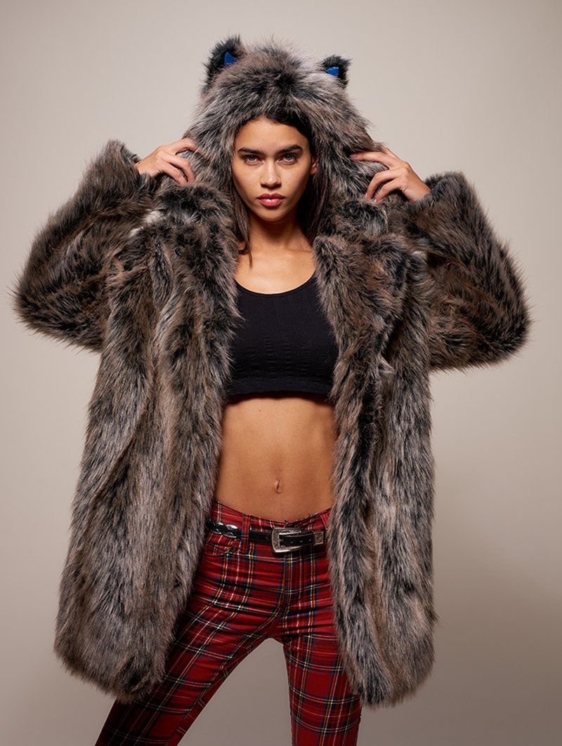 Hooded Faux Fur Coat with LE Grey Wolf Design