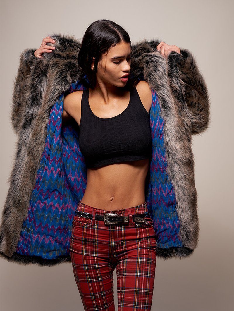 Exterior and Interior View of Limited Edition Grey Wolf Faux Fur Coat 