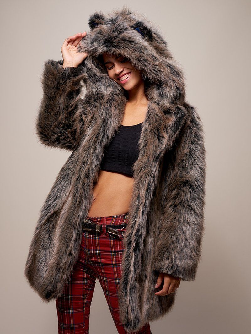 Limited Edition Grey Wolf Hooded Faux Fur Coat