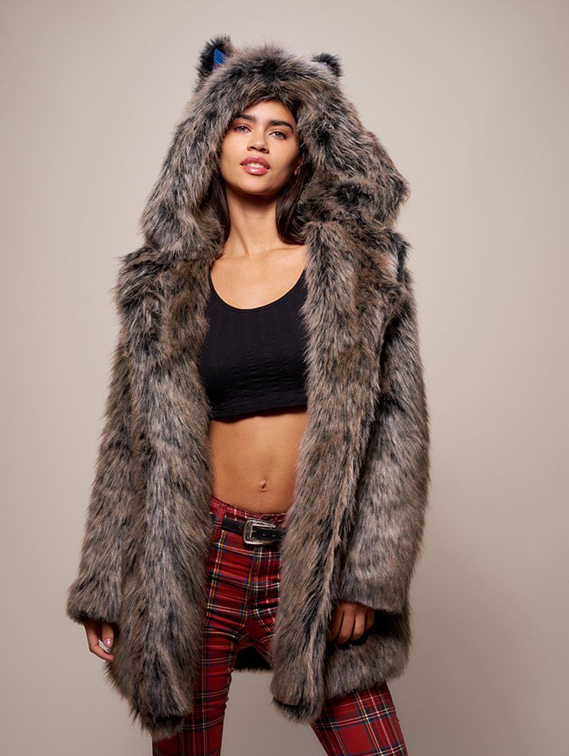 Woman Wearing Limited Edition Grey Wolf Faux Fur Coat 
