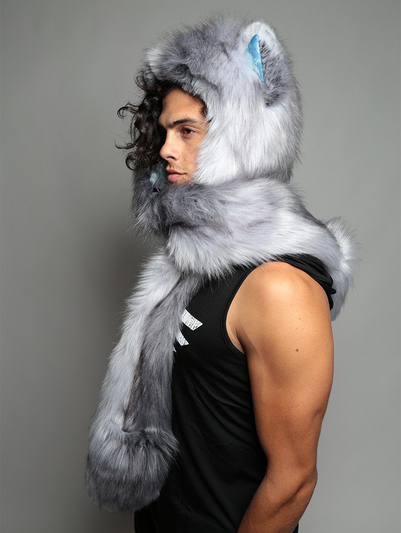 Man wearing faux fur Grey Fox BlueSkyMagic Collector SpiritHood