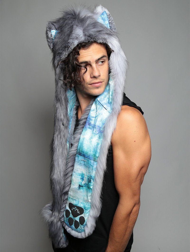 Man wearing faux fur Grey Fox BlueSkyMagic Collector SpiritHood, side view