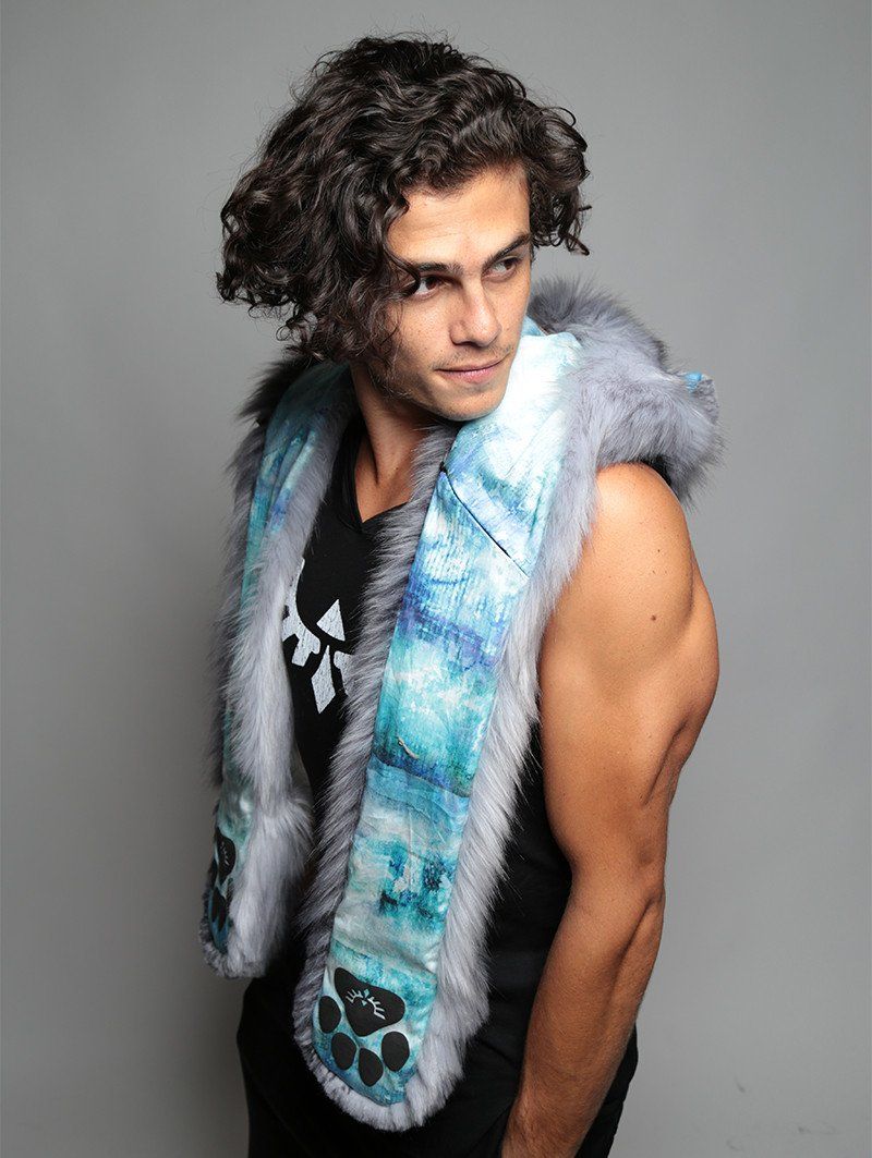 Man wearing faux fur Grey Fox BlueSkyMagic Collector SpiritHood, side view 1