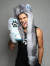 Man wearing faux fur Grey Fox BlueSkyMagic Collector SpiritHood, front view