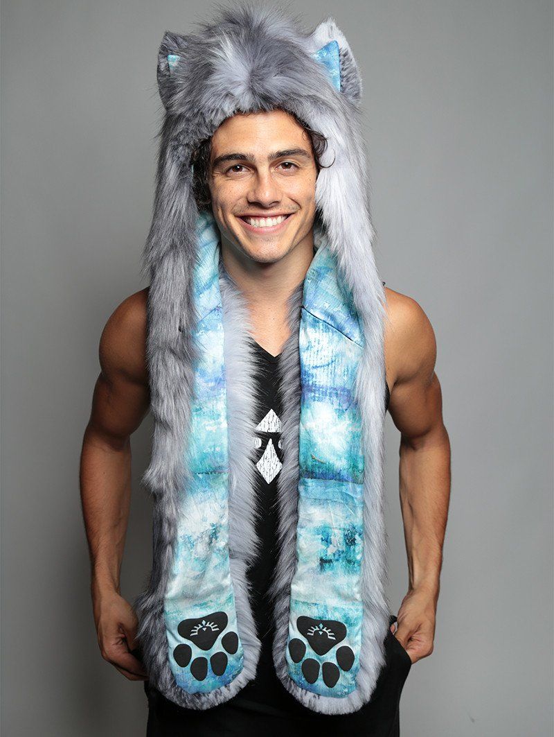 Man wearing faux fur Grey Fox BlueSkyMagic Collector SpiritHood, front view 1