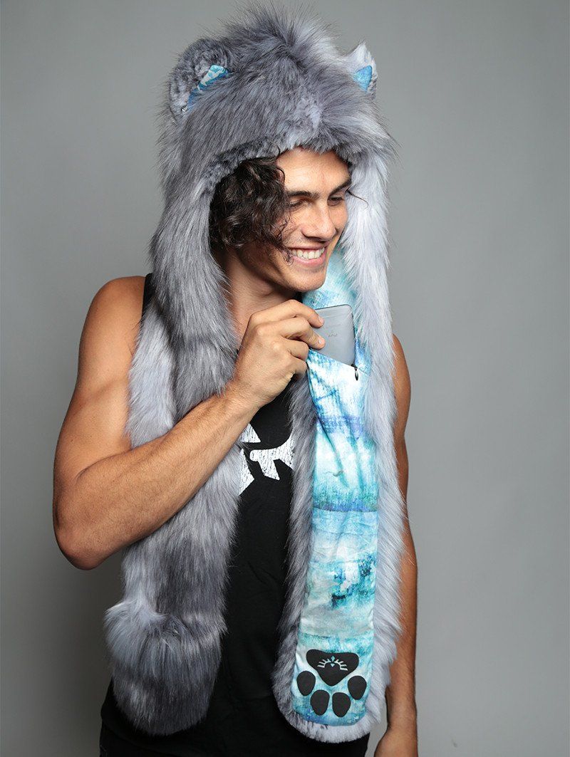 Man wearing faux fur Grey Fox BlueSkyMagic Collector SpiritHood, front view 2