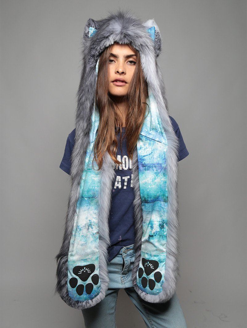 Exterior and Interior View of Grey Fox BlueSkyMagic Faux Fur SpiritHood