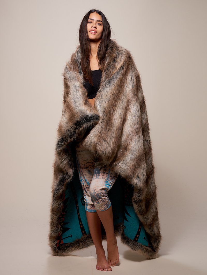 Faux Fur Throw with Grey Wolf Design on Female Model