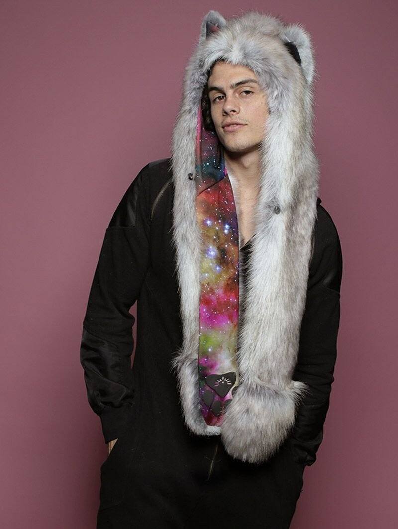 Timber Wolf Galaxy Faux Fur with Hood on Male