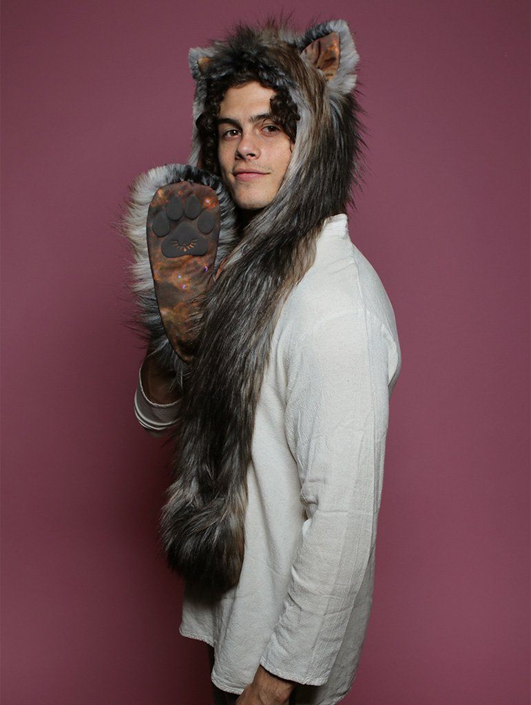 Man wearing faux fur Galaxy Northern Rocky Wild Cat CE SpiritHood, side view 1