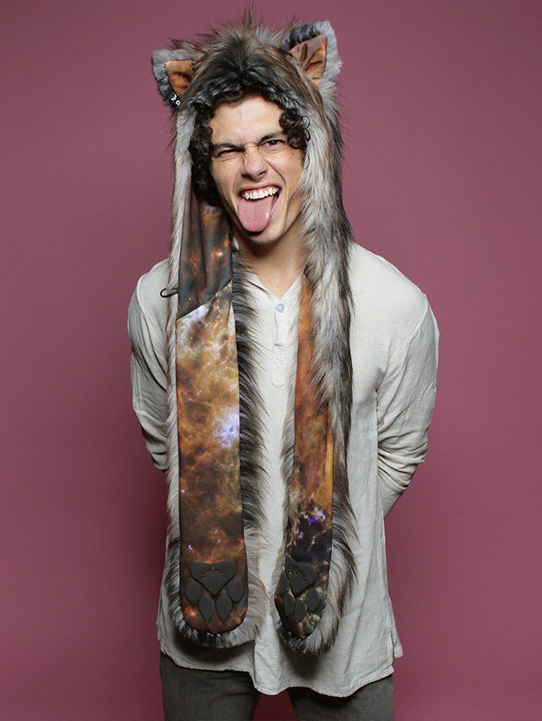 Man wearing faux fur Galaxy Northern Rocky Wild Cat CE SpiritHood, front view