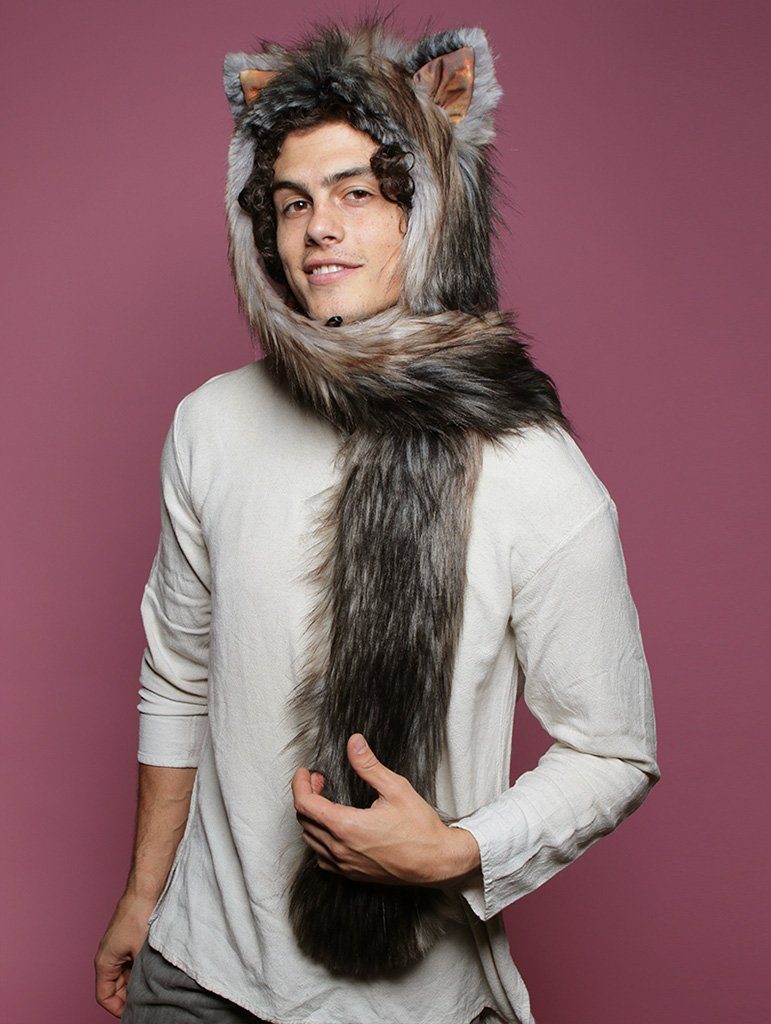 Man wearing faux fur Galaxy Northern Rocky Wild Cat CE SpiritHood, side view 2