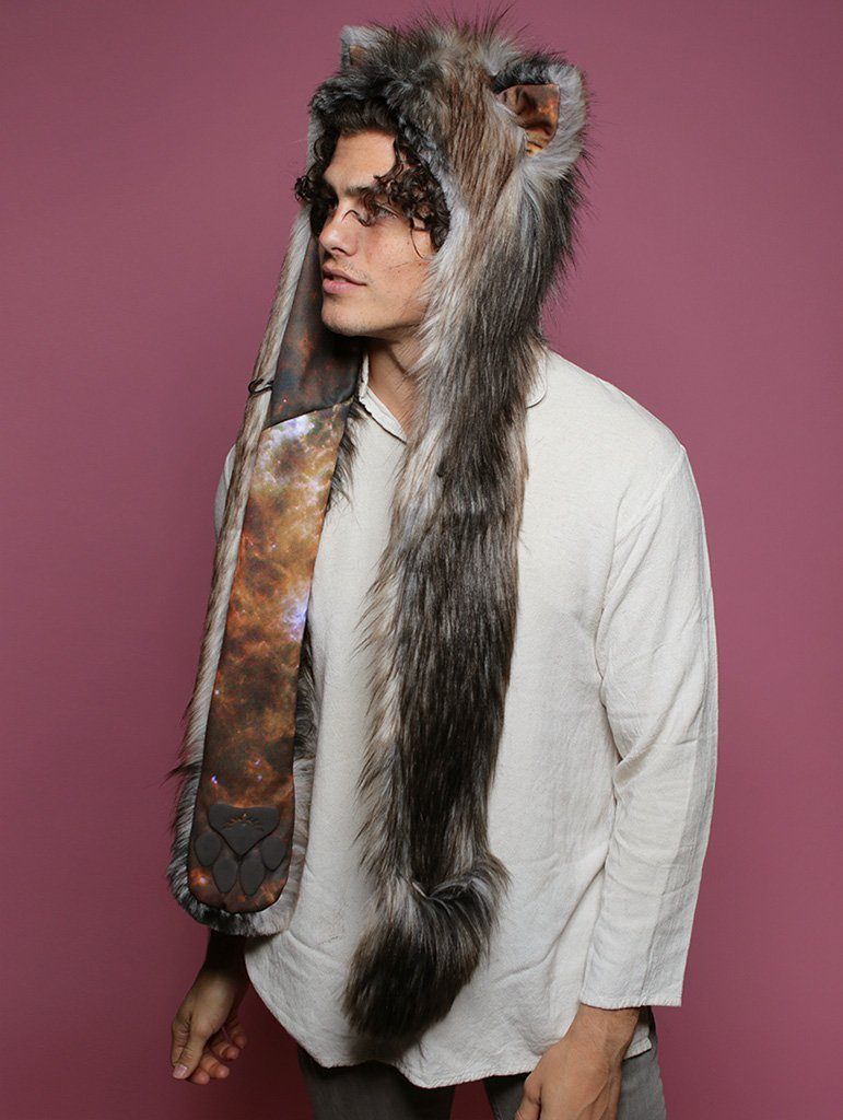 Man wearing faux fur Galaxy Northern Rocky Wild Cat CE SpiritHood, side view 3
