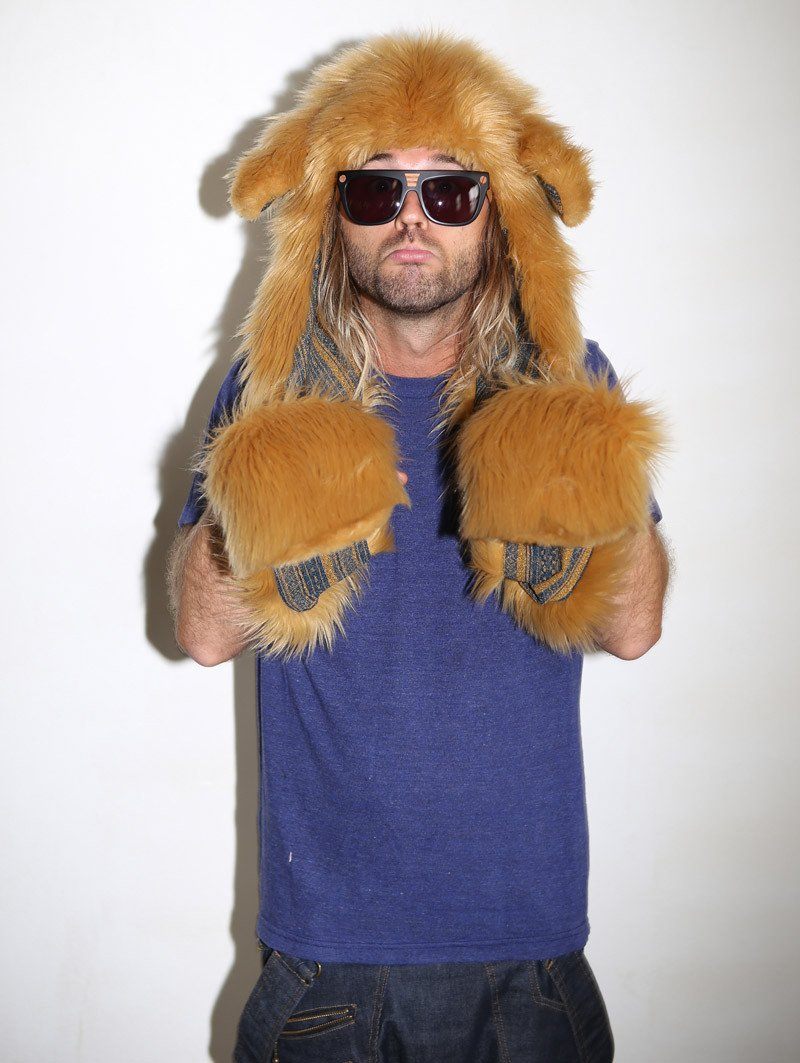 Man wearing faux fur Golden Retriever Collectors Edition SpiritHood