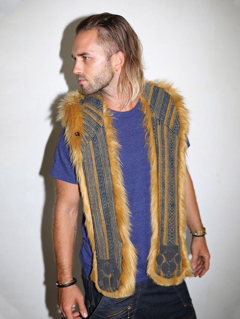Man wearing faux fur Golden Retriever Collectors Edition SpiritHood, front view 2