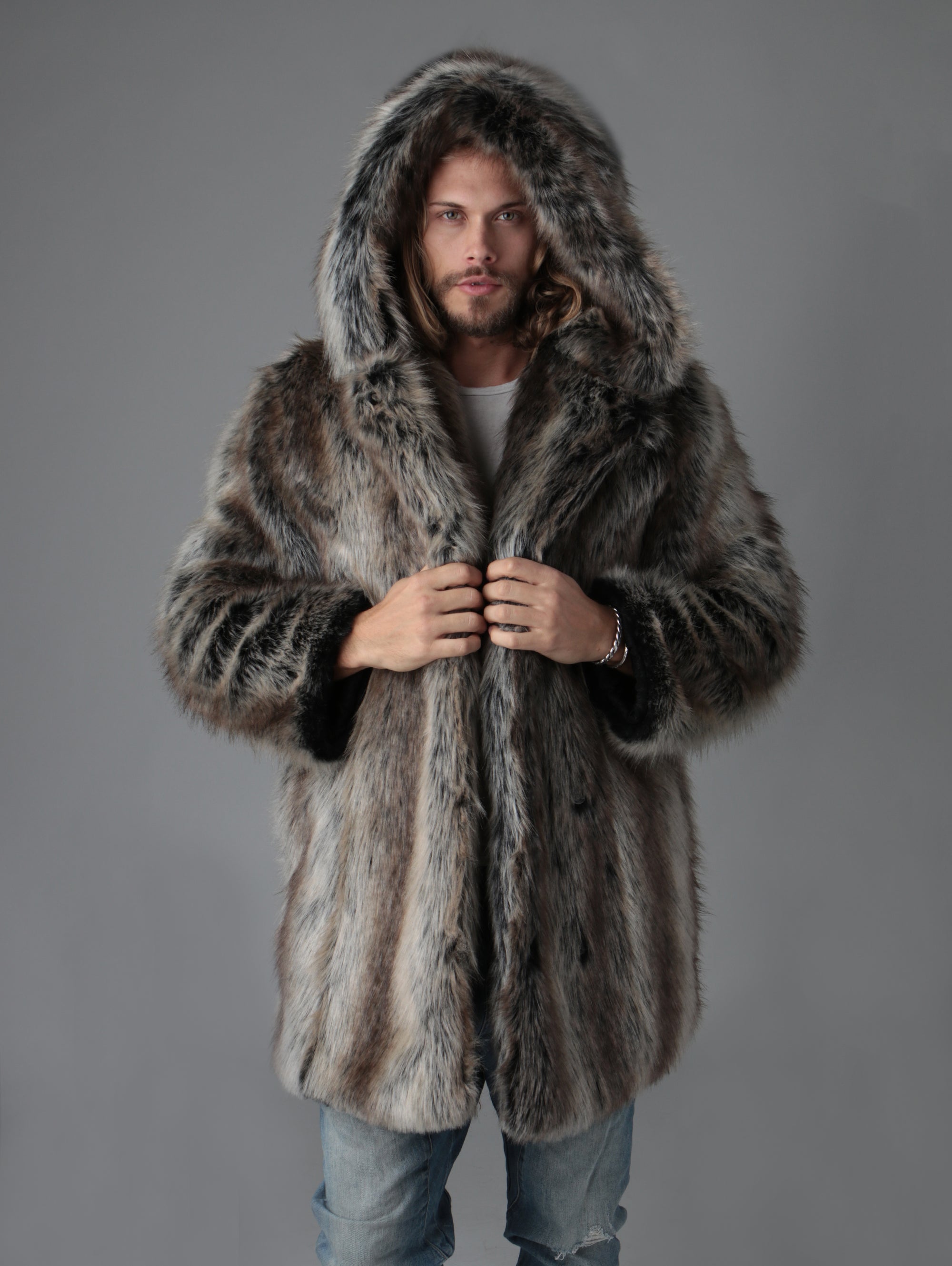 Man wearing Grey Wolf Hooded Faux Fur Coat, front view 1