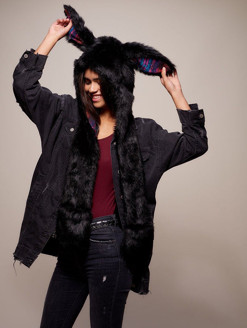 Woman wearing faux fur Black Bunny GOA Collector SpiritHood, front view 1