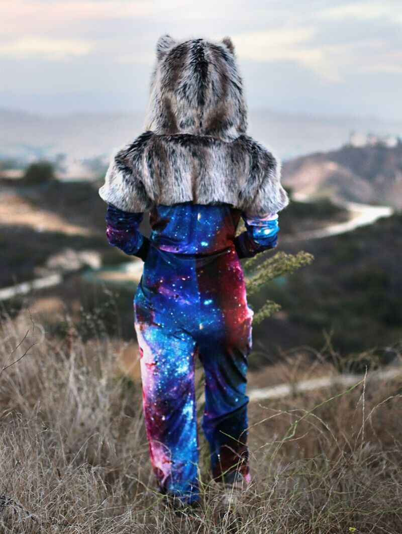 Hooded Grey Wolf Galaxy Faux Fur Onesie 