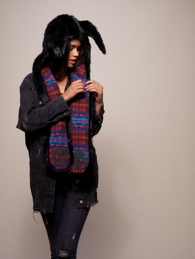 Woman wearing faux fur Black Bunny GOA Collector SpiritHood, side view