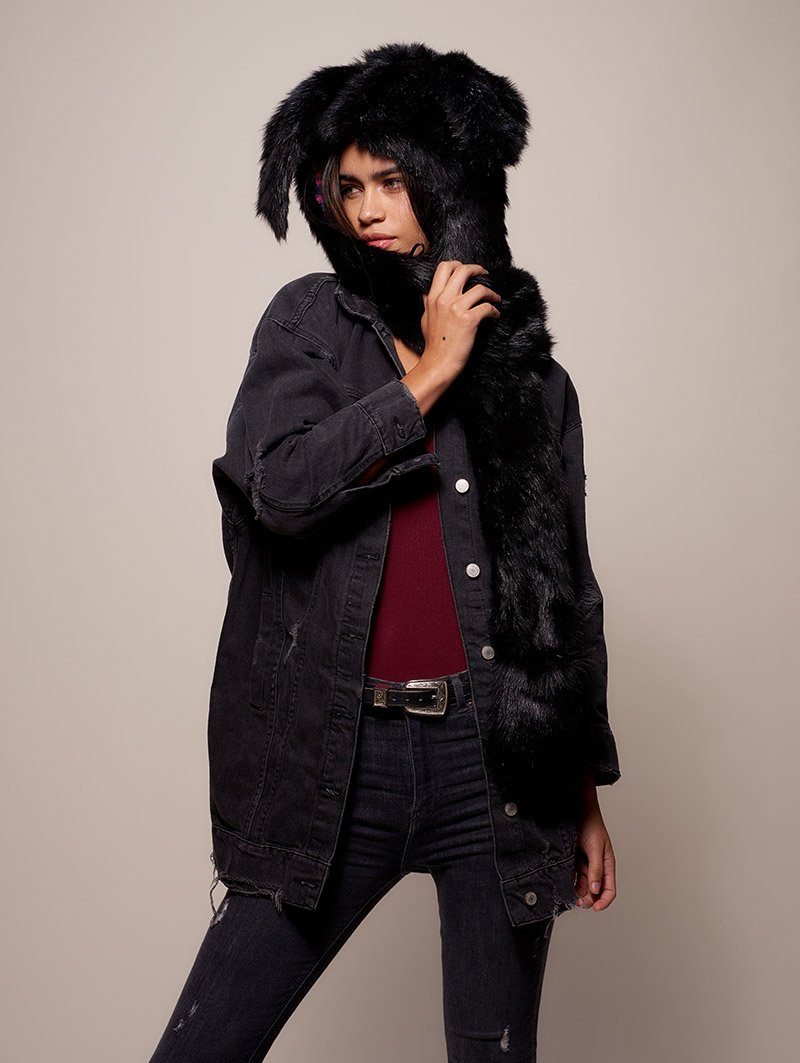 Woman wearing faux fur Black Bunny GOA Collector SpiritHood, side view 1