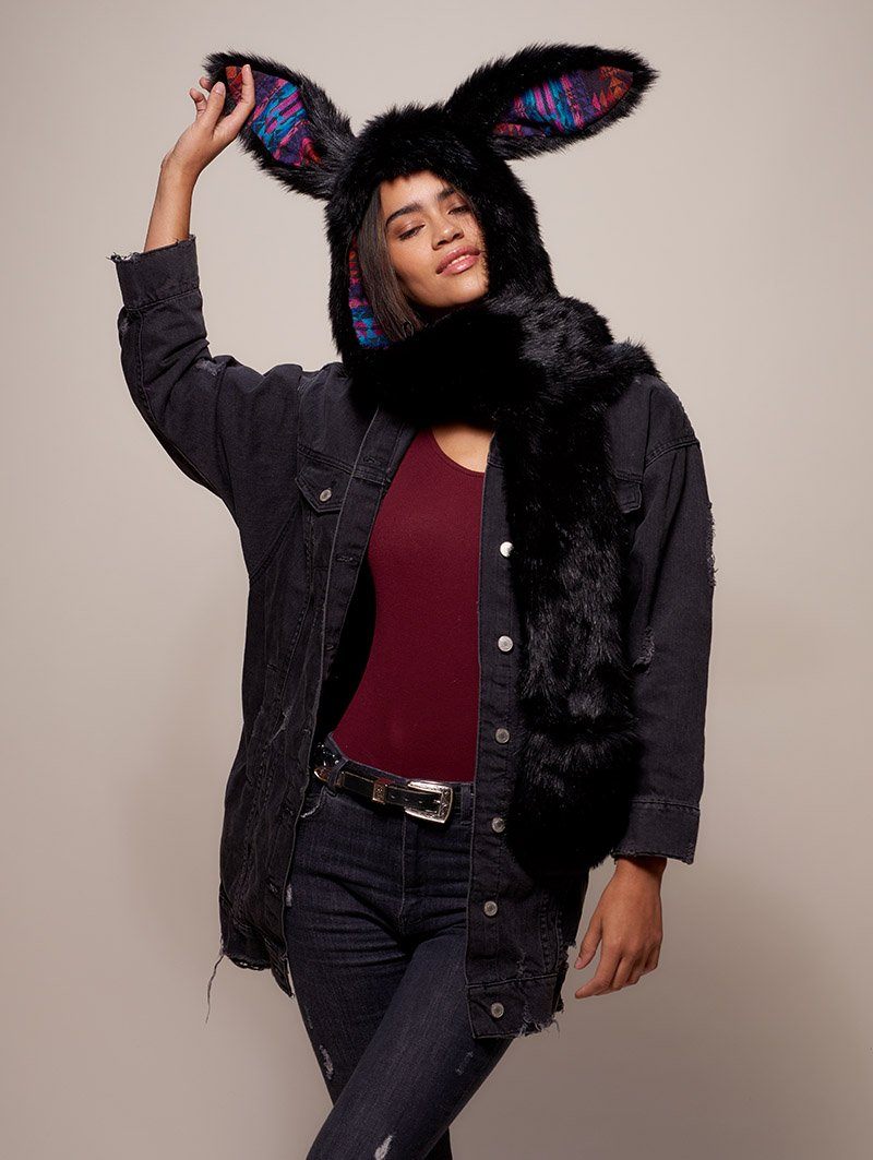 Woman wearing faux fur Black Bunny GOA Collector SpiritHood
