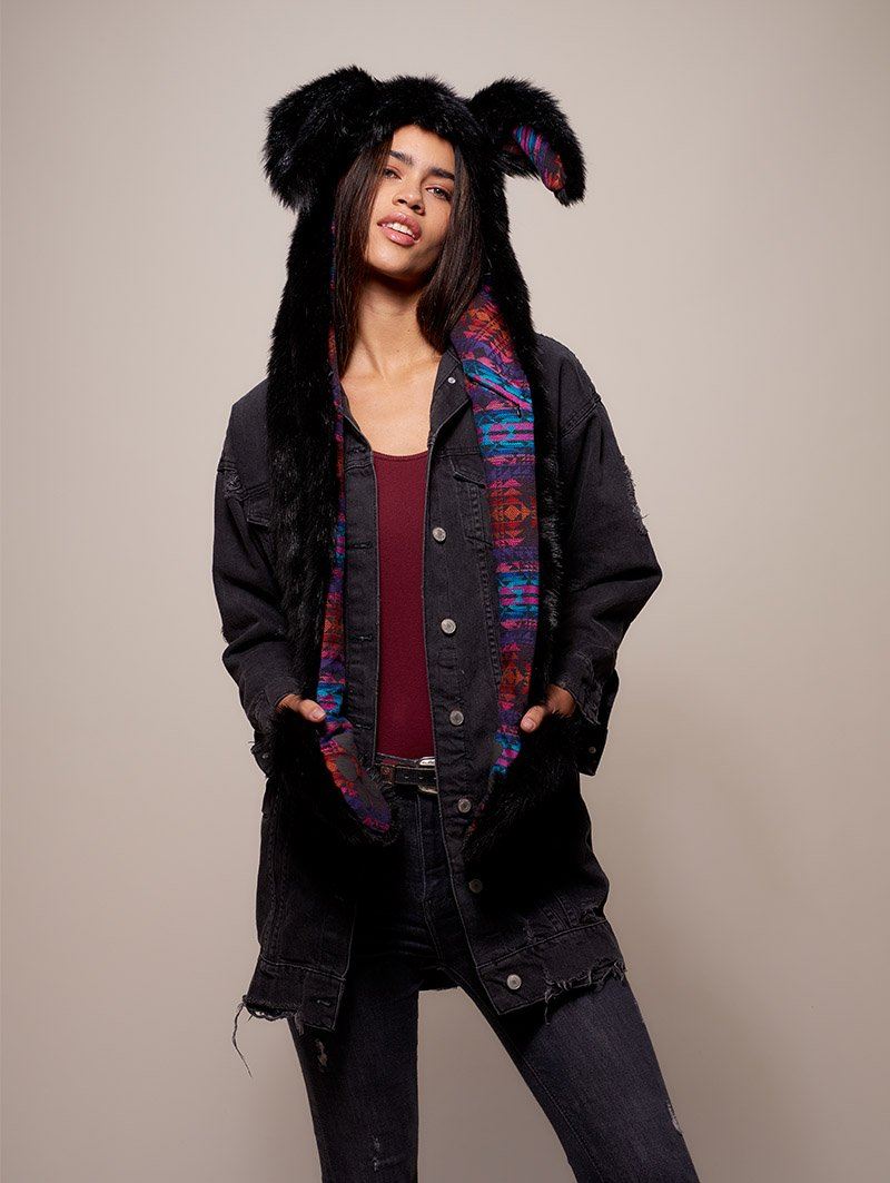 Woman wearing faux fur Black Bunny GOA Collector SpiritHood, front view