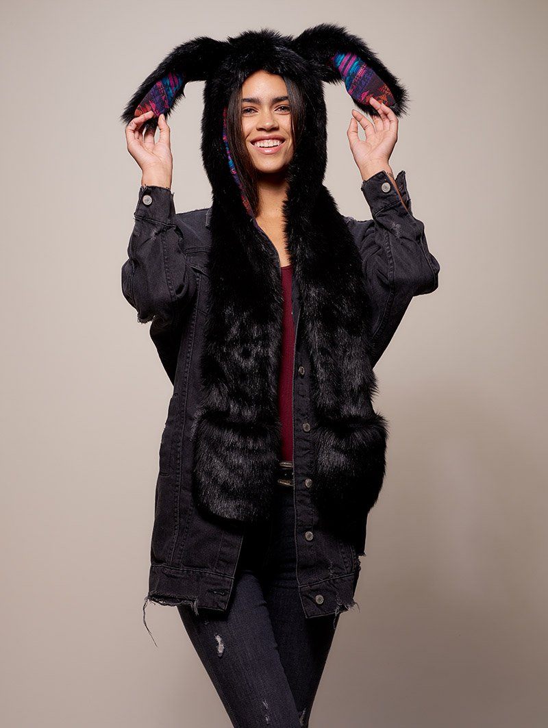 Woman wearing faux fur Black Bunny GOA Collector SpiritHood, front view 2