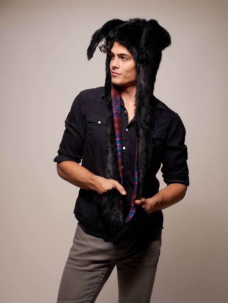 Man wearing faux fur Black Bunny GOA Collector SpiritHood, front view 2