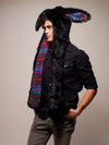 Man wearing faux fur Black Bunny GOA Collector SpiritHood, side view 1