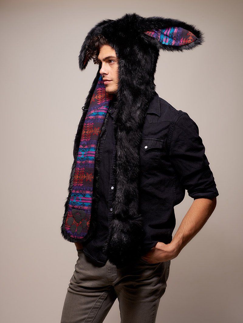 Man wearing faux fur Black Bunny GOA Collector SpiritHood, side view 1