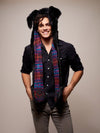 Man wearing faux fur Black Bunny GOA Collector SpiritHood, front view 3