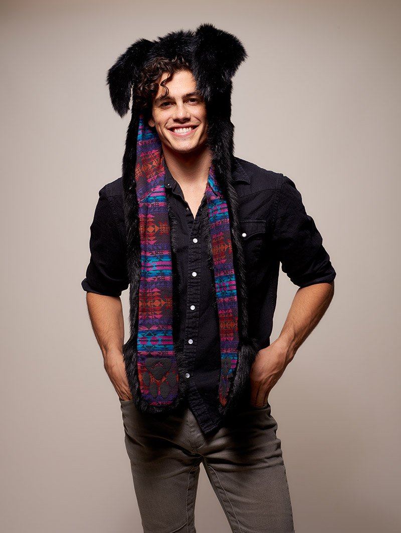 Man wearing faux fur Black Bunny GOA Collector SpiritHood, front view 3