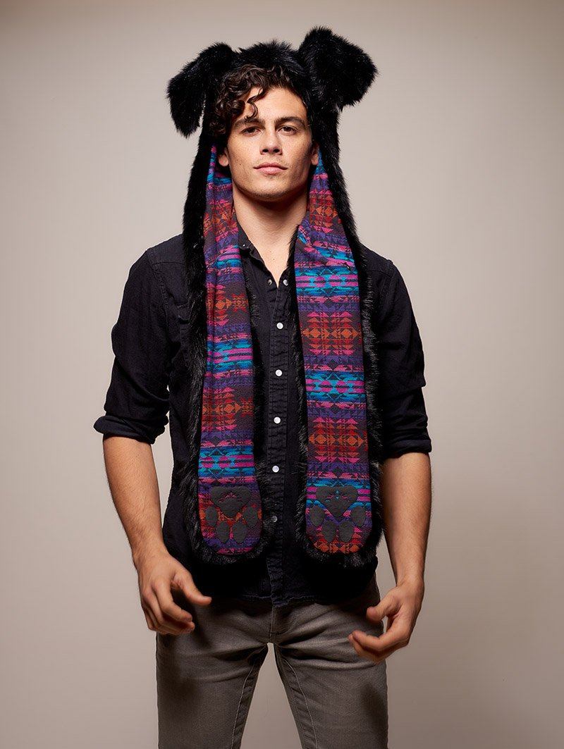 Man wearing faux fur Black Bunny GOA Collector SpiritHood, front view 4